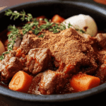 Steaming pot of beef stew with chunks of beef, carrots, potatoes, and herbs like rosemary and bay leaves. Rustic kitchen setting.