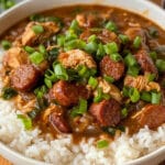 Chicken and sausage gumbo served over rice, garnished with green onions.