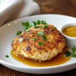 A crispy baked chicken cutlet on a white plate with parsley garnish and honey mustard sauce.