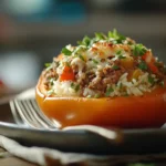 A Costco stuffed pepper plated on a rustic table with garnish and a fork.
