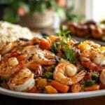 Grilled shrimp and vegetables with rice on a white plate