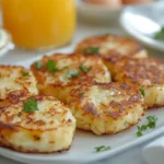 Plate of golden-brown hash brown patties with parsley garnish on a breakfast table.