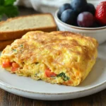 A golden air fryer omelet on a plate with toast and fruit, garnished with parsley.