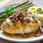 Grilled chicken topped with melted cheese, bacon bits, and mushrooms, served with mashed potatoes and asparagus on a rustic table.