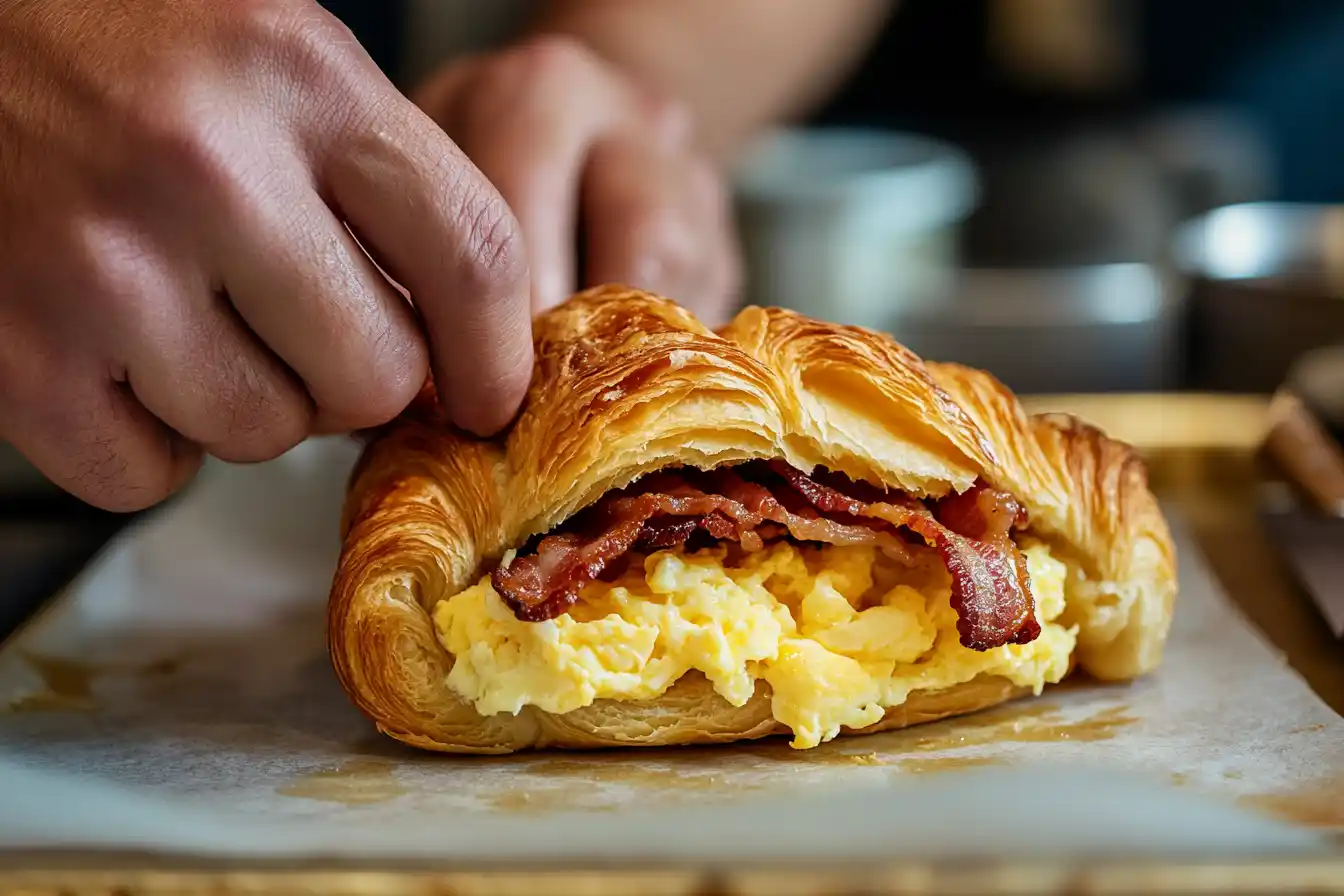 assembling-bacon-egg-cheese-croissant Close-up of hands assembling a bacon egg and cheese croissant with layers of bacon, scrambled eggs, and melted cheese.