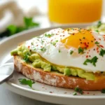 Avocado toast with a poached egg, garnished with herbs and served on a white plate