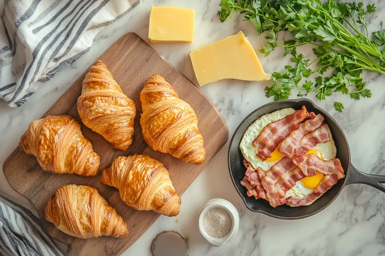 bacon-egg-and-cheese-ingredients Ingredients for a bacon egg and cheese croissant including croissants, crispy bacon, eggs, and cheese, arranged on a marble countertop.