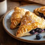 Golden blueberry turnovers on a ceramic plate with visible blueberries
