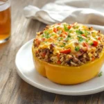 A plated Costco stuffed bell pepper halved to reveal rice, meat, cheese, and veggies on a white plate with a wooden table.
