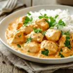 A bowl of creamy chicken and rice garnished with parsley on a rustic wooden table.