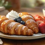 Golden brown croissant french toast topped with syrup, berries, and whipped cream on a wooden table.