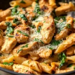 A plate of creamy garlic parmesan chicken pasta with sliced chicken, parmesan cheese, and parsley on a rustic wooden table.
