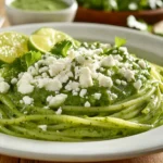 A plate of green spaghetti with poblano sauce, garnished with cilantro and cheese, on a rustic wooden table.
