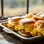 A tray of Hawaiian roll breakfast sliders with scrambled eggs, bacon, and cheese, served alongside a cup of coffee and mixed berries.