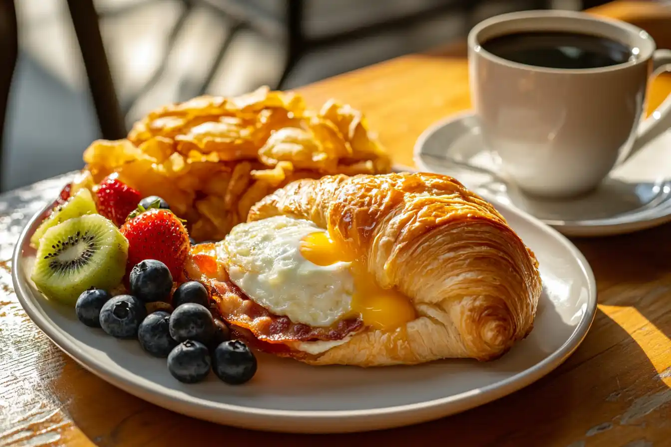 serving-bacon-egg-cheese-croissant Bacon egg and cheese croissant on a plate with fruit and hash browns, accompanied by coffee on a wooden table.