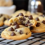 A batch of six small batch chocolate chip cookies with melted chocolate chips, accompanied by a jar of milk and white napkins.