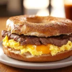 A steak egg and cheese bagel sliced in half on a wooden table with coffee and hot sauce.