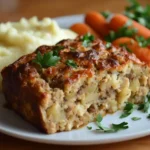 A sliced stove top stuffing meatloaf with mashed potatoes and roasted carrots on a plate.