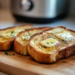 Golden-brown Texas Toast slices on a wooden cutting board with parsley garnish.