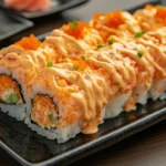 Close-up of volcano roll sushi topped with spicy mayo, masago, and scallions on a black plate.