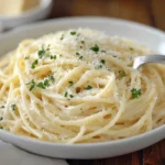 A plate of Alfredo Spaghetti coated in creamy sauce, garnished with Parmesan cheese and parsley, placed on a wooden table.