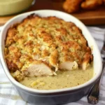 Freshly baked chicken and dressing in a cast iron dish, garnished with herbs and butter, placed on a rustic wooden countertop in a cozy Southern kitchen.