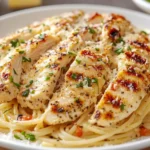 A plated dish of Marry Me Chicken Pasta with creamy sauce, seared chicken, sun-dried tomatoes, and Parmesan cheese on a bright wooden table.