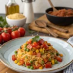 A delicious 4-Ingredient Mounjaro Recipe dish with rice, colorful vegetables, and fresh parsley, ready to serve on a light blue plate. Background shows fresh tomatoes, olive oil, and sauce ingredients.