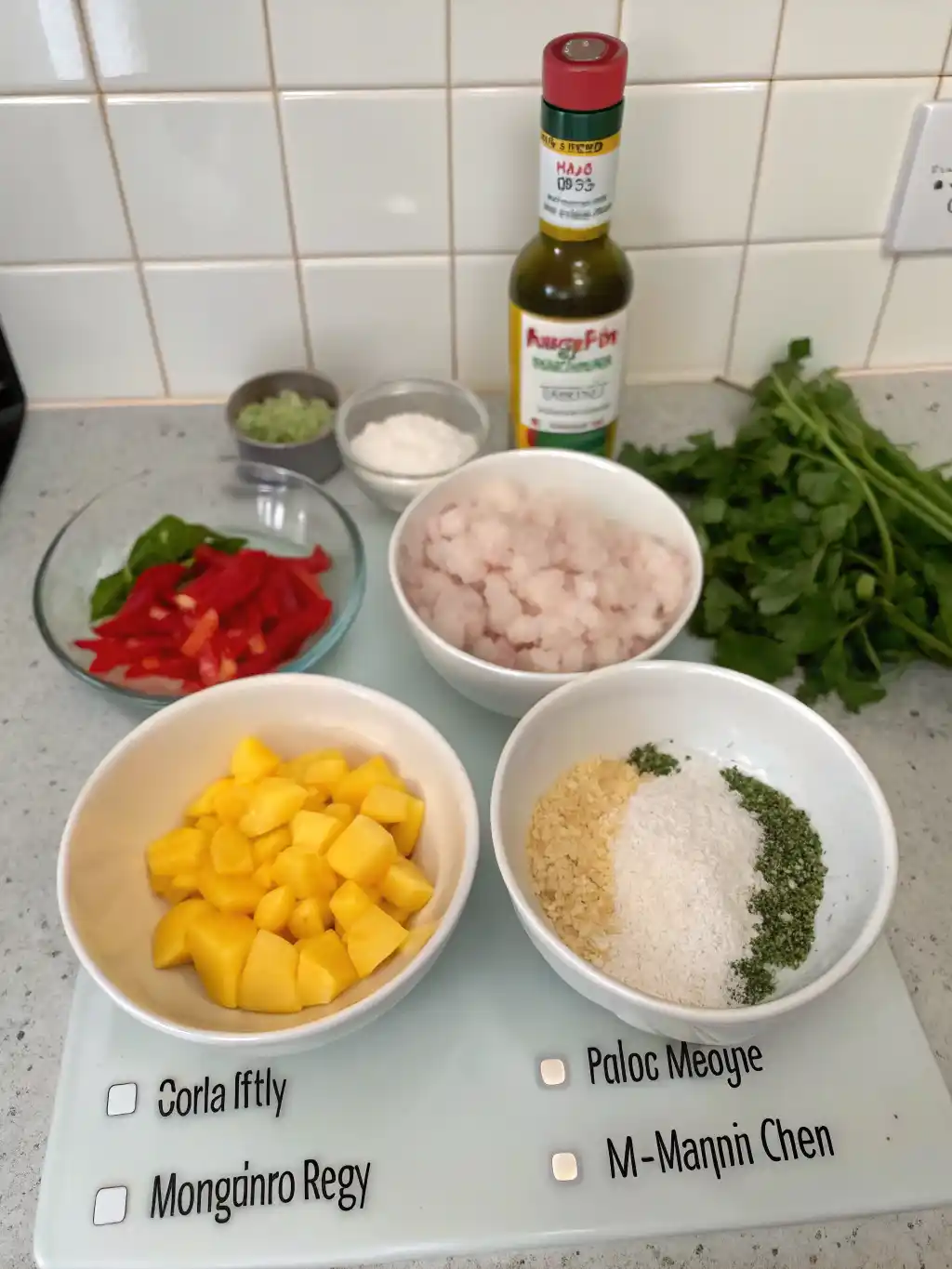 4 Ingredient Mounjaro Recipe Ingredients Ingredients for the 4-Ingredient Mounjaro Recipe laid out on a cutting board, including chopped red bell peppers, ground meat, diced mango, and bowls of spice blend, salt, and dried herbs, alongside fresh parsley and a sauce bottle.