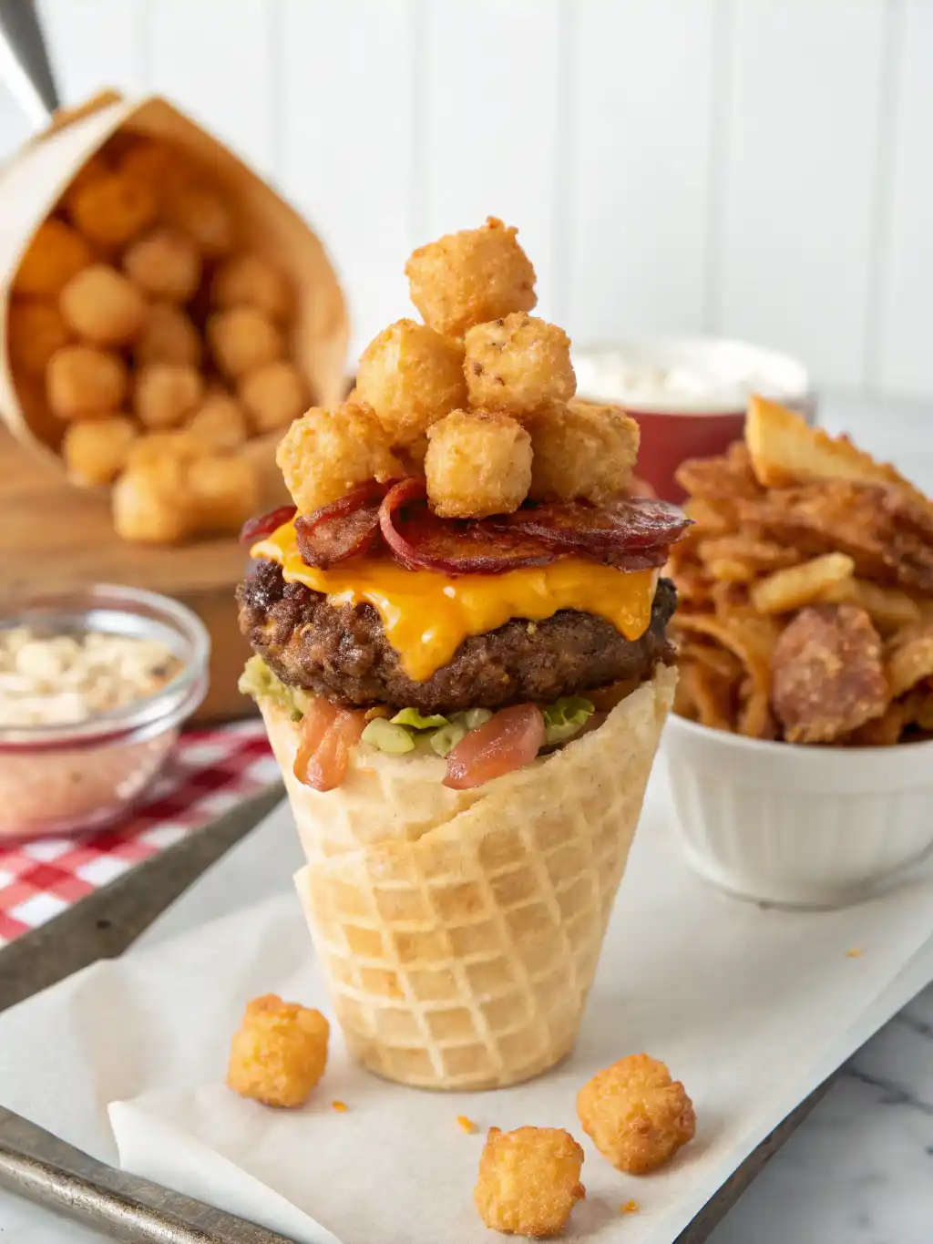 Bacon Cheeseburger Stuffed Tater Tot Cones