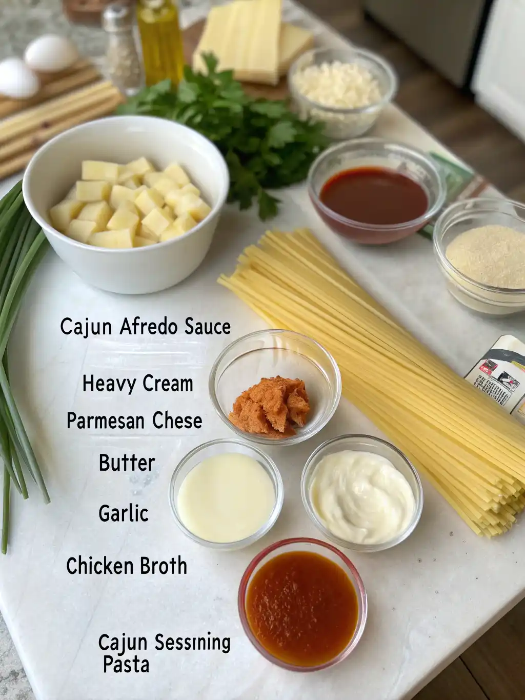 Cajun Alfredo Sauce Recipe Ingredients Cajun Alfredo Sauce recipe ingredients — heavy cream, parmesan cheese, butter, garlic, and Cajun seasoning.