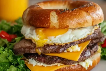 Serving steak egg and cheese bagel