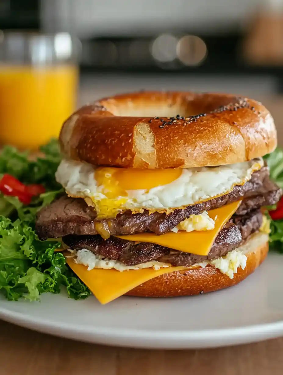 Serving steak egg and cheese bagel
