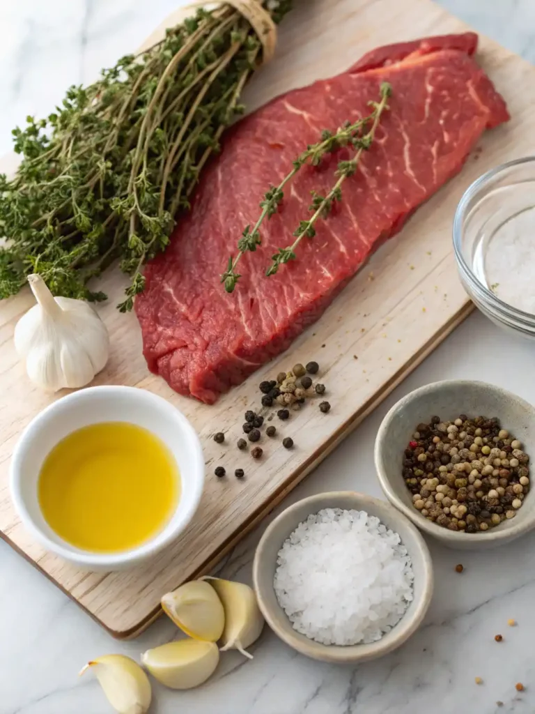 Perfect Sous Vide Flank Steak Recipe 26 Ingredients for sous vide flank steak including raw steak, rosemary, garlic, salt, pepper, and olive oil