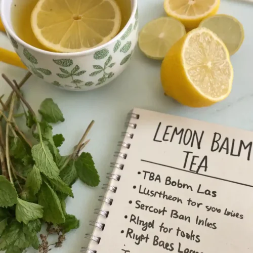 Best Lemon Balm Tea Recipe for Weight Loss 2 A refreshing cup of lemon balm tea with a lemon slice, surrounded by fresh lemon balm leaves and a notebook, highlighting a natural approach to weight loss.