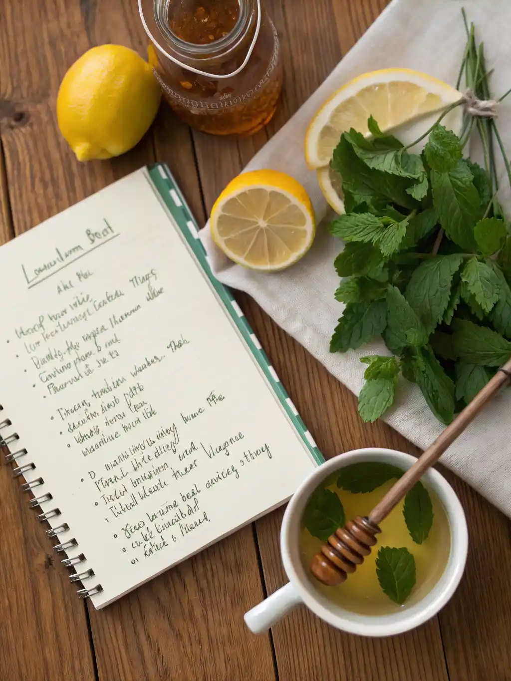 Lemon Balm Tea Recipe For Weight Loss Ingredients Fresh ingredients for a lemon balm tea recipe for weight loss, including vibrant lemon balm leaves, sliced lemons, and a jar of honey, arranged around a recipe notebook on a wooden surface.