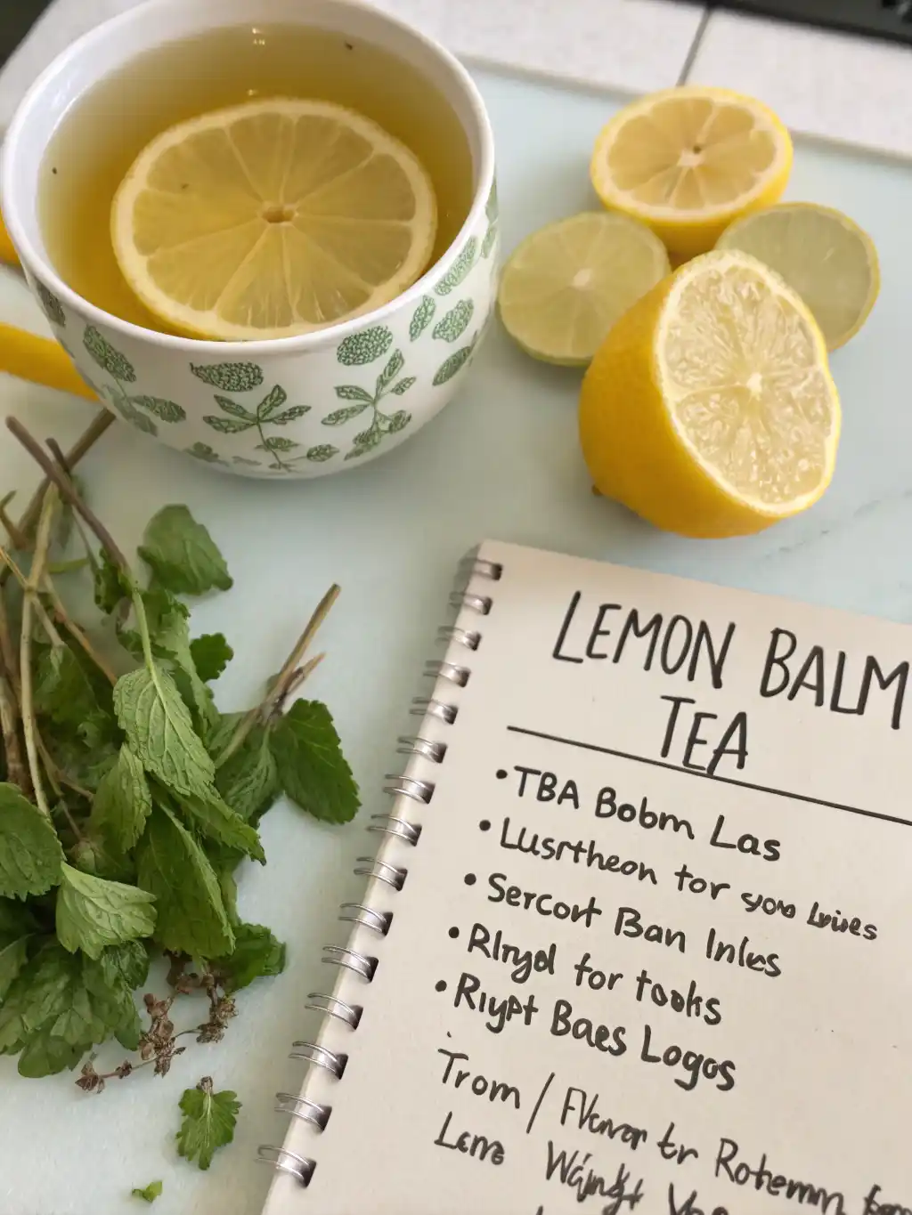 A refreshing cup of lemon balm tea with a lemon slice, surrounded by fresh lemon balm leaves and a notebook, highlighting a natural approach to weight loss.