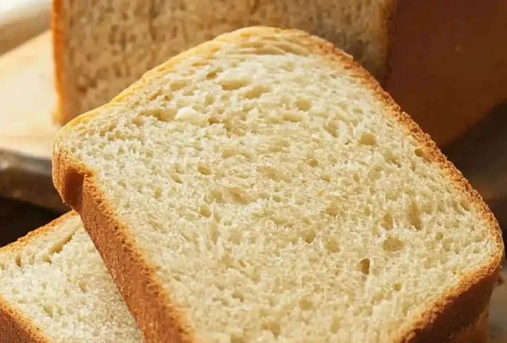 Low calorie bread recipe with sliced homemade bread on a wooden board.