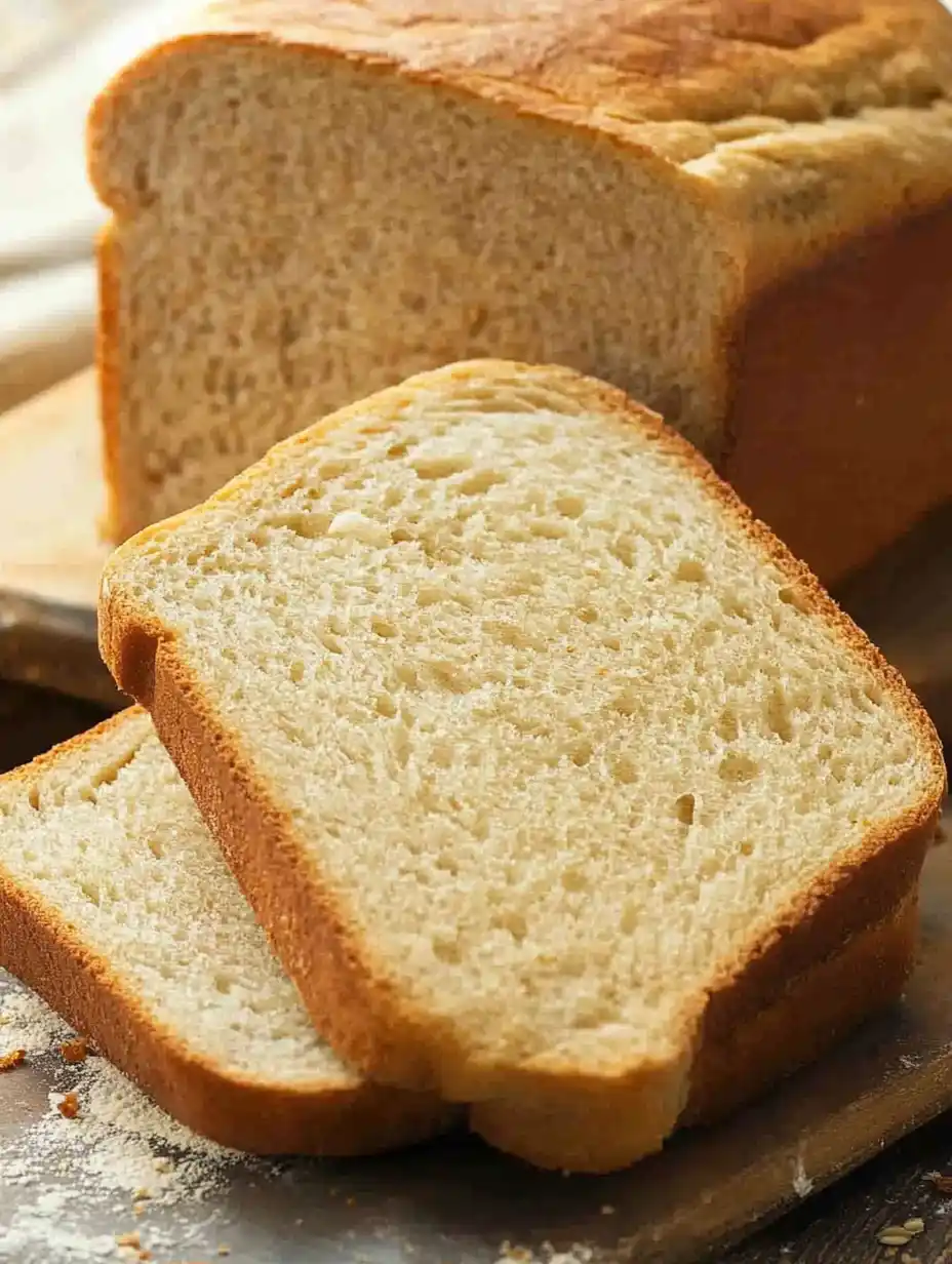 Low calorie bread recipe with sliced homemade bread on a wooden board.