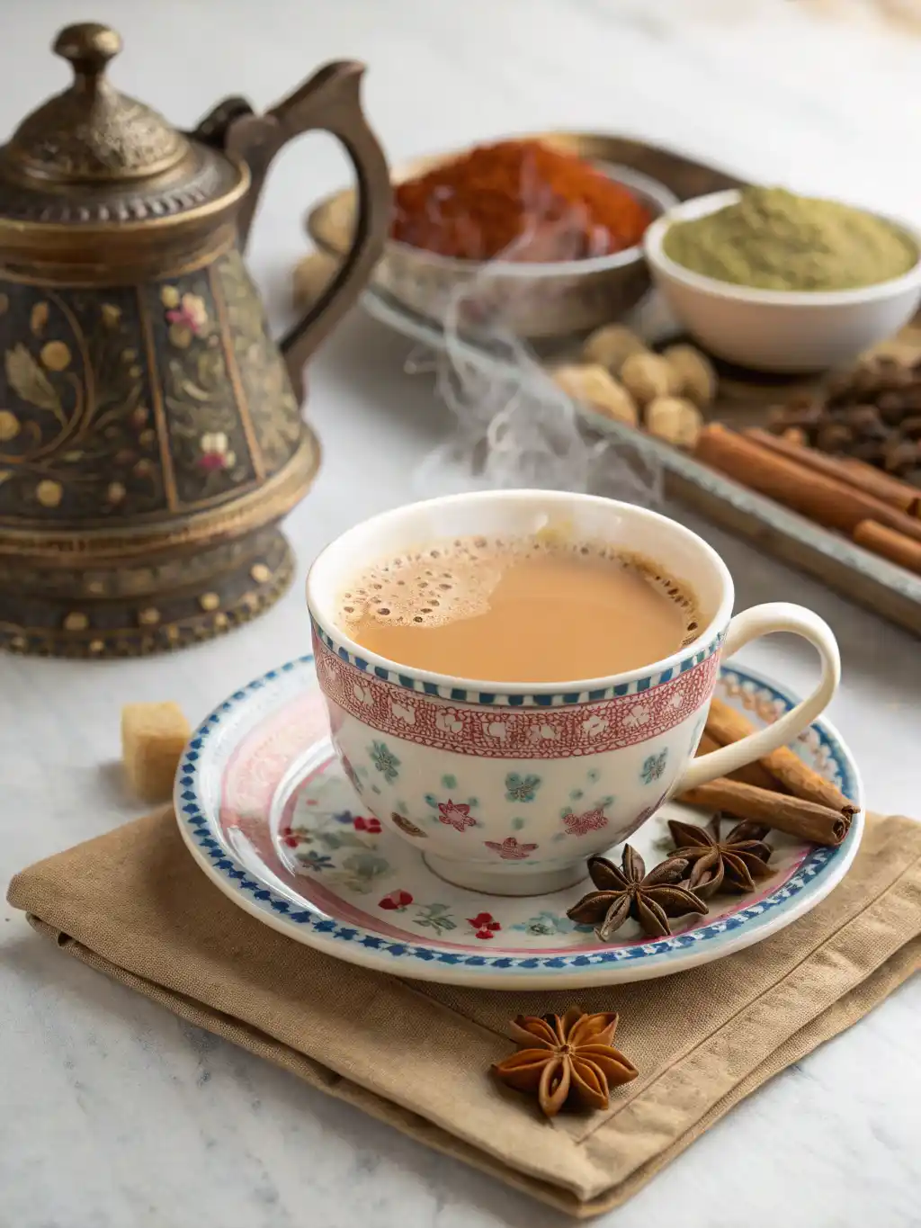 Steaming cup of authentic Masala Chai Tea, garnished with star anise and cinnamon sticks, with a traditional teapot and spices in the background.