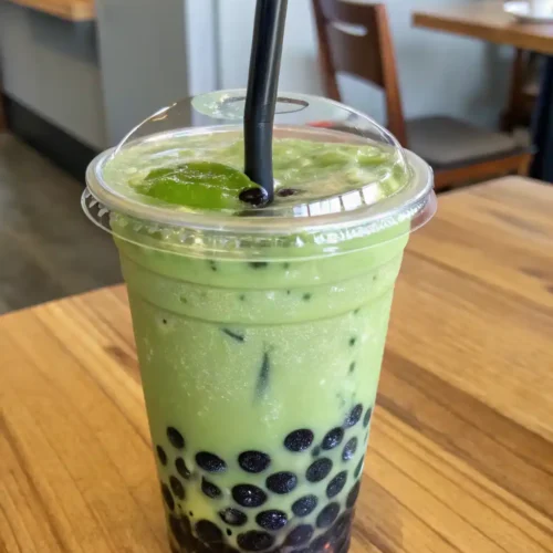 How to Make Easy Matcha Green Tea Boba at Home 2 Iced matcha green tea boba in a clear plastic cup with black tapioca pearls and a paper straw, surrounded by matcha powder and ingredients.
