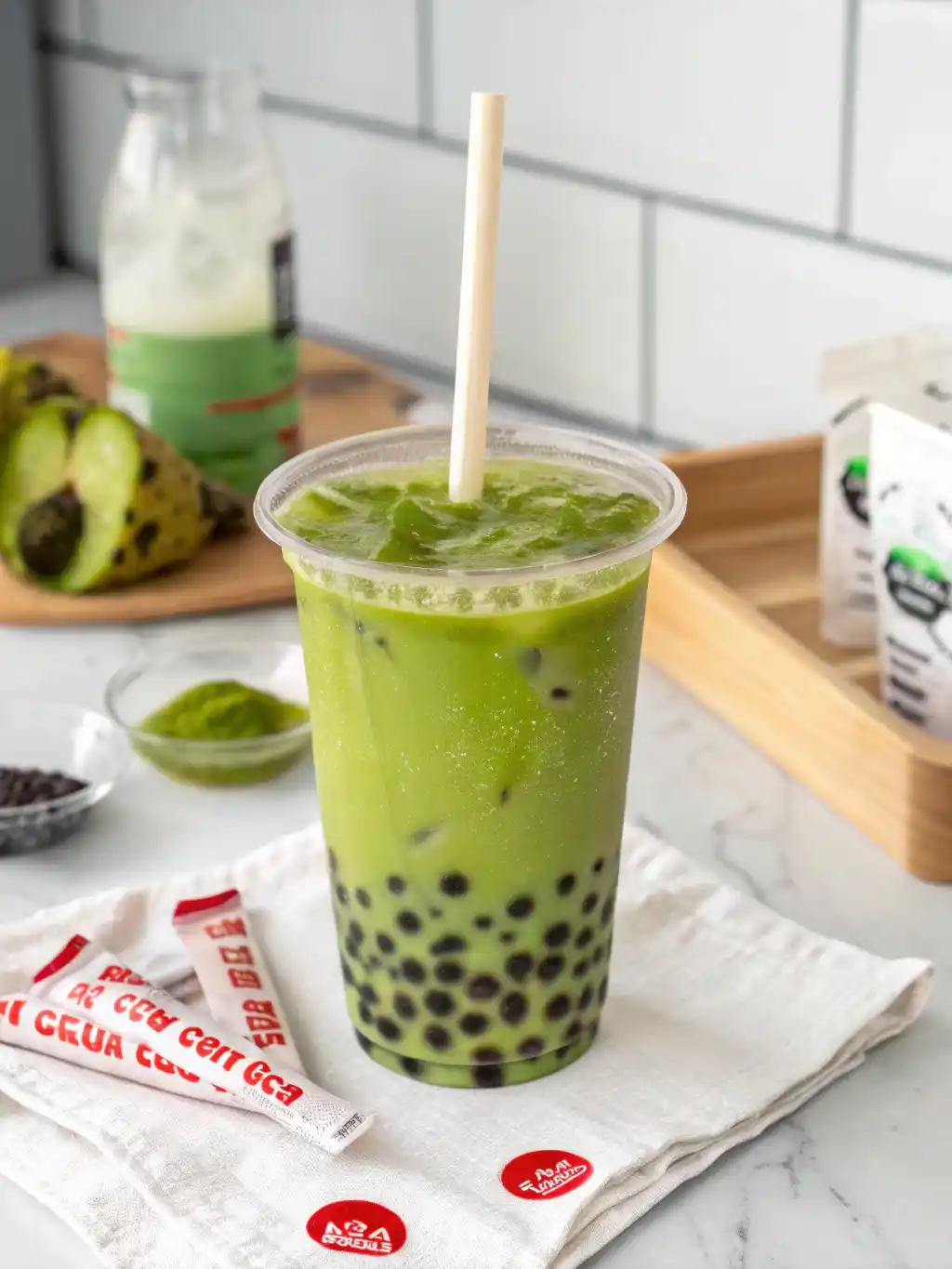 Iced matcha green tea boba in a clear cup with black tapioca pearls and a black straw, placed on a wooden café table.