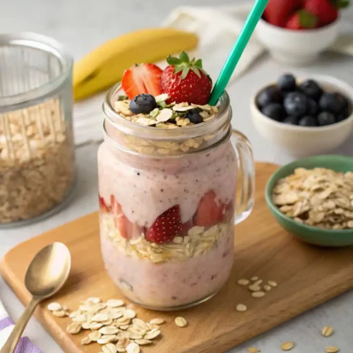 Oats Smoothie Weight Loss - Easy & Effective Guide 2 Oats smoothie weight loss recipe served in a glass jar layered with oats, strawberries, bananas, and topped with oats and berries.