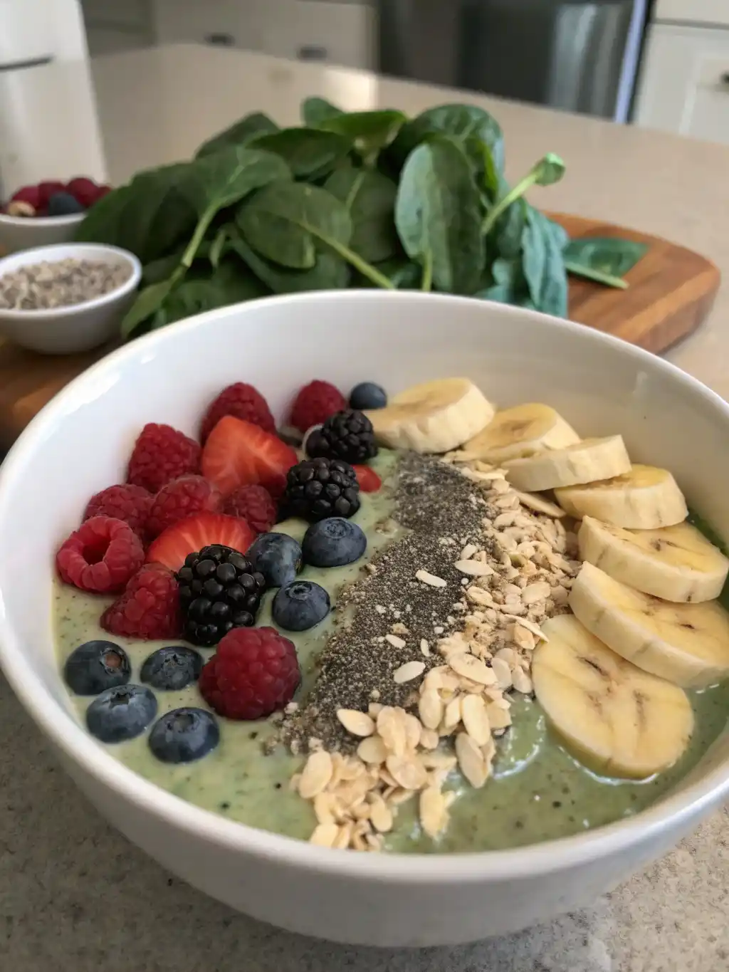 Oats Smoothie Weight Loss Ingredients Oats smoothie weight loss ingredients in a bowl with banana slices, berries, chia seeds, oats, and fresh spinach.