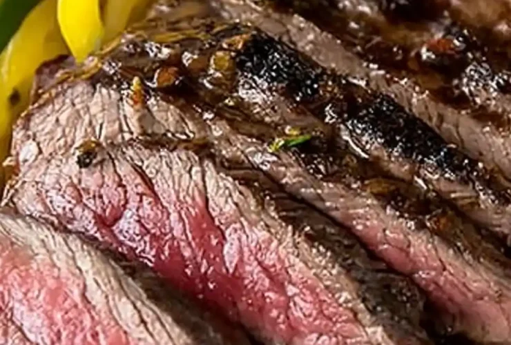 Sous vide flank steak sliced and served on a wooden cutting board