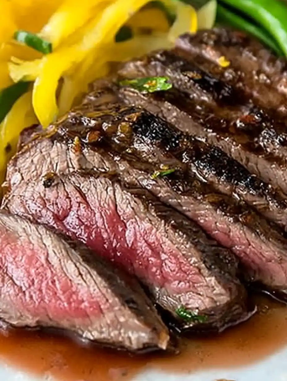 Sous vide flank steak sliced and served on a wooden cutting board